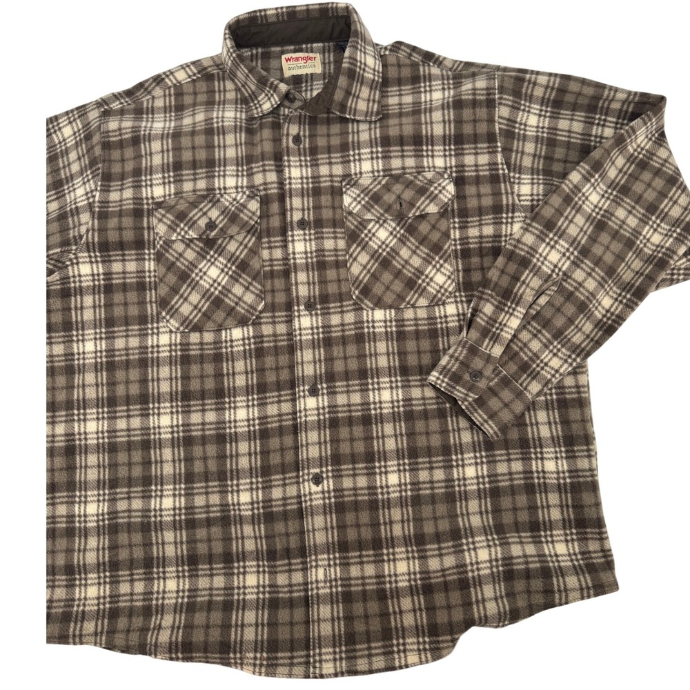 Wrangler Authentics Mens Plaid Fleece‎ Shirt Jacket XL Shacket Tan Brown